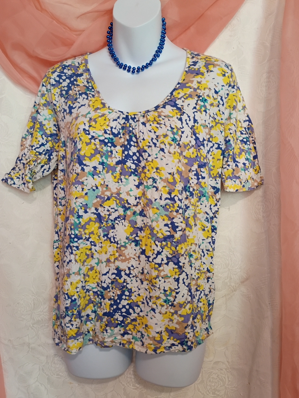 Talbots Ladies Short Sleeve Scoop Neck Top-Yellow, Blue & Cream Floral Sz Sm